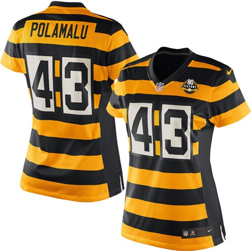 Women's Limited Troy Polamalu 80th Anniversary Nike Jersey Gold/Black Alternate - #43 Throwback NFL Pittsburgh Steelers